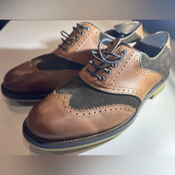 Johnston & Murphy Ellington wingtip sheepskin brown leather black suede oxfords - Picture 3 of 8